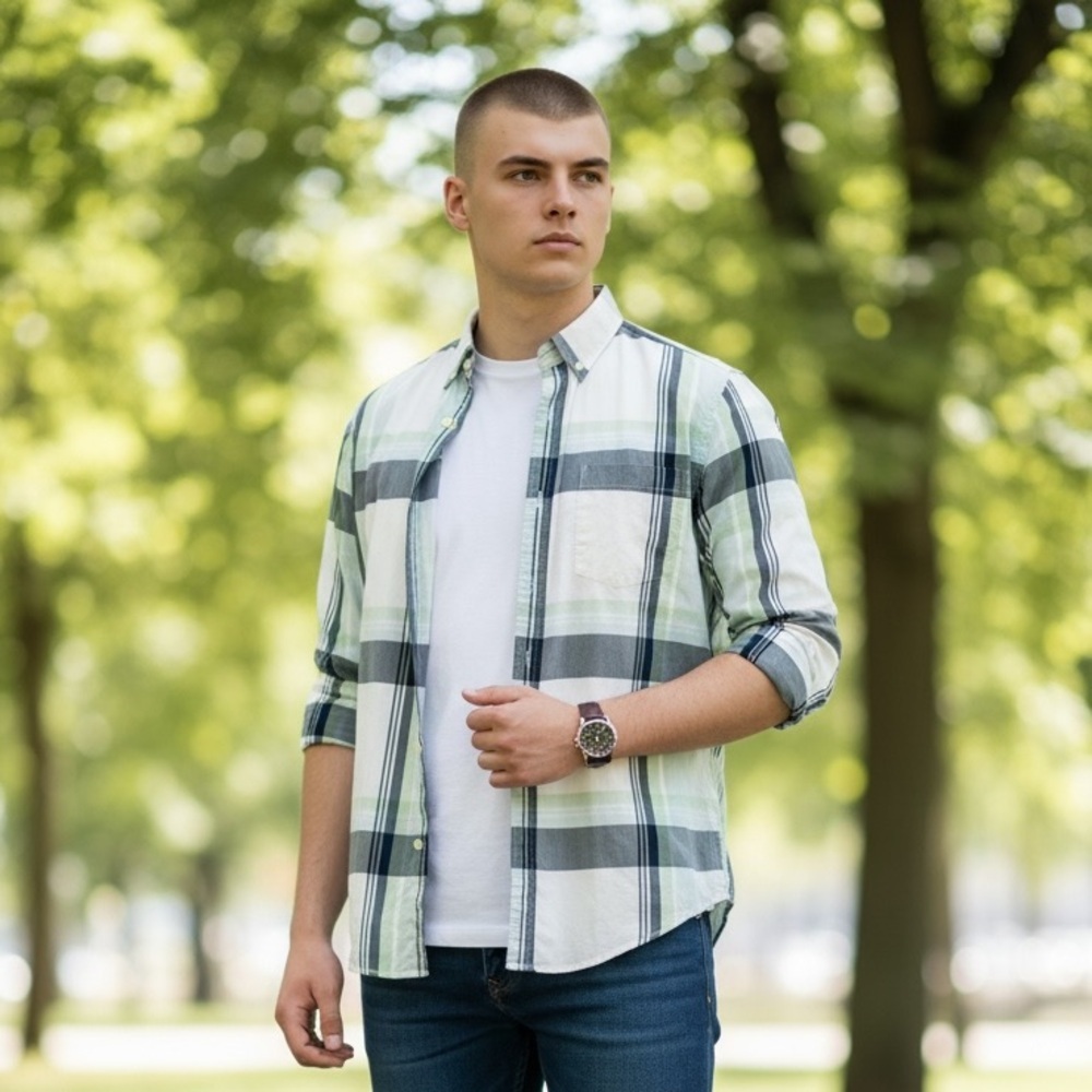 Merona Plaid Button Down Shirt Mens Blue Green White Cotton Long Sleeve Casual